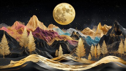 Wall Mural - Introducing a stunning 3D mural wallpaper of a vibrant night landscape with colorful mountains, a glowing golden moon, silhouetted trees, and gentle waves on a striking black background