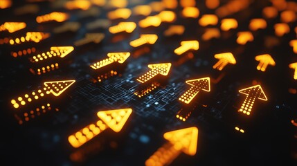 Wall Mural - dynamic flow of neon arrows pointing upward on a dark background representing growth and progress in