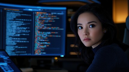 Focused female programmer analyzing code in modern tech workspace at night