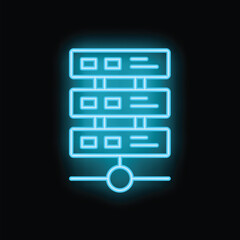 Wall Mural - bright blue neon server icon glowing on black background representing cloud computing and data stora