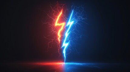 Wall Mural - abstract representation of contrasting energy with red and blue lightning bolts in a dark environmen