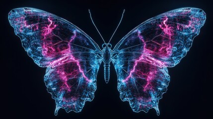 Wall Mural - vibrant neon butterfly with intricate veins in electric blue and pink on dark background for artisti