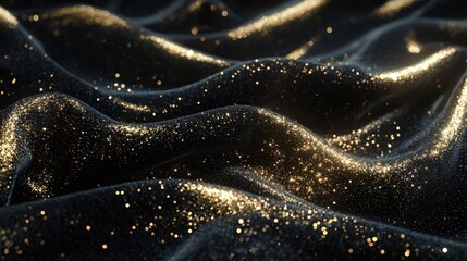 Wall Mural - shimmering black fabric with gold glitter sparkles in wave patterns under soft light for elegant bac
