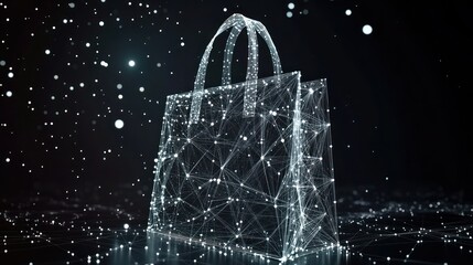 Wall Mural - Digital shopping bag, glowing lines, dark background.