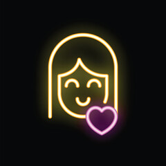 Wall Mural - Neon sign of a smiling woman face with a heart representing love, kindness and happiness