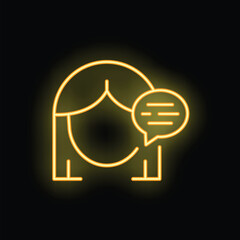 Wall Mural - Yellow glowing neon icon of a woman talking with a speech bubble next to her face