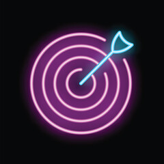 Poster - Neon target is glowing on a dark wall with an arrow hitting the center, showing the concept of reaching a goal