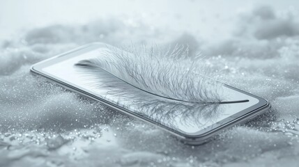 Wall Mural - elegant soft feather on a glossy smartphone surface surrounded by gentle foam and water droplets in 