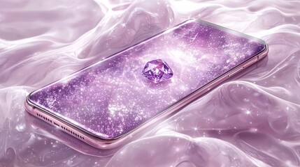 Sticker - elegant smartphone on shimmering surface with sparkling diamond in cosmic purple backdrop, perfect f