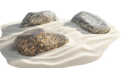 Poster - Three different colored granite stones are nestled in a mound of light beige sand against a black background.