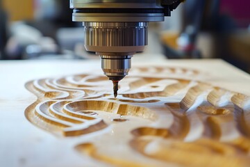 Poster - CNC Machining Process Shows Precision and Detail of Engraving on Wood with Focus on Cutting Tool, Capturing the Art of Modern Fabrication Techniques and Craftsmanship
