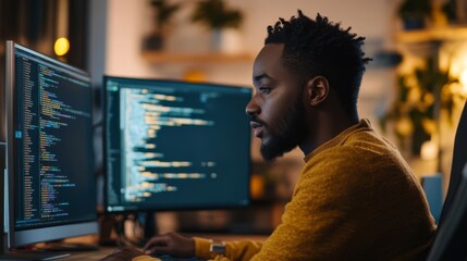 Focused Programmer at Work in Front of Computer Screens