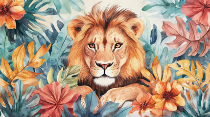 artistic watercolor lion in tropical foliage blending wildlife and botanical themes with vivid illus