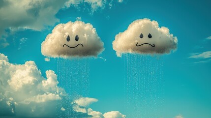 Wall Mural - Playful Cloud Characters with Expressions of Happiness and Sadness Against a Bright Blue Sky with Fluffy Clouds