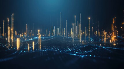 Wall Mural - abstract digital city landscape with glowing towers and data streams.
