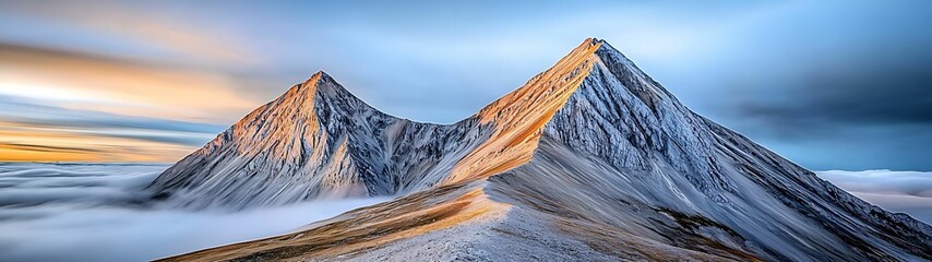Wall Mural - Majestic twin peaks rise above a sea of clouds, bathed in soft sunlight, showcasing nature's grandeur and serene beauty.