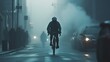 © Chantip - Masked cyclist riding through a foggy city street, urban life adaptation to poor air quality, dramatic and modern.