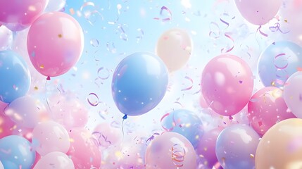 Whimsical Pastel Balloons and Confetti Floating in a Joyful Party Atmosphere