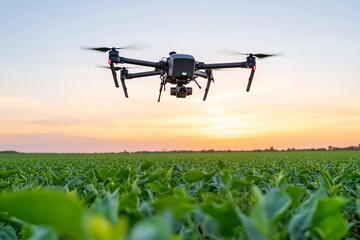 Wall Mural - Drone surveying farmland at sunset