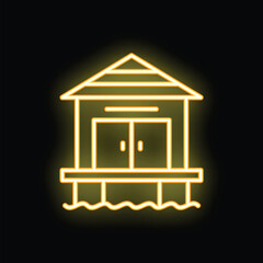 Sticker - Yellow neon icon of a bungalow built on the water, glowing on a dark background