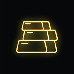 Canvas Print - Neon glowing icon of gold bars stack shining on black background