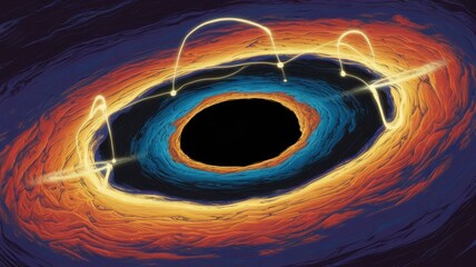 an abstract representation of a black hole, featuring vibrant colors like orange, blue, and yellow, 