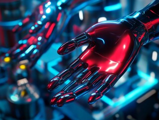 A hand made of metal is shown in a blue and red color scheme. The hand is holding a small object, and the background is a cityscape. The image conveys a futuristic and industrial vibe