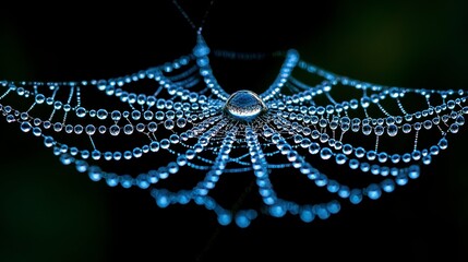 Dew-covered spiderweb with iridescent water droplets.