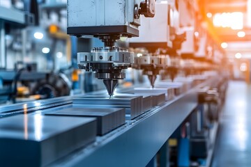 Leinwandbilder - Advanced CNC Machine Operating in a Modern Manufacturing Facility for Precision Metal Cutting and Shaping with Bright Industrial Lighting