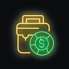 Canvas Print - Neon sign illuminating a briefcase with a dollar coin, perfect for representing investment funds and financial security