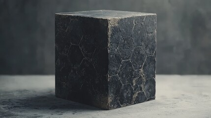 Sticker - textured black cube with hexagonal patterns resting on a soft light background showcasing modern art
