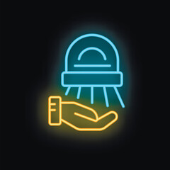 Wall Mural - Neon hand dryer icon with infrared sensor for automatic drying in blue and yellow on black background