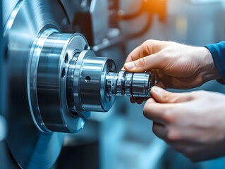 Leinwandbilder - Precision Machining Process: Hands Assembling a Metal Component on a Modern Lathe Machine in a High-Tech Manufacturing Facility