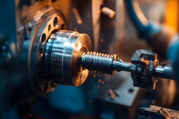 Leinwandbilder - Precision Metalworking in Action with Sparks Flying, Detailed Close-Up Image of a Lathe Machine Cutting a Cylindrical Metal Piece, Industrial Manufacturing Scene