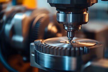 Leinwandbilder - Advanced Precision Engineering: Close-Up of a CNC Milling Machine Cutting into a Metal Workpiece at a Modern Manufacturing Facility