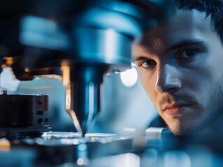 Leinwandbilder - Focused Engineer Analyzing Precision Machinery in High-Tech Workshop Environment Carefully Inspecting Metal Components with Advanced Equipment and Tools
