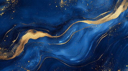 Wall Mural - abstract navy and gold marble background. A blue and gold swirl pattern with gold specks