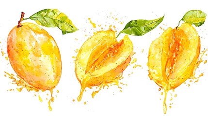 Wall Mural - Ripe mango whole, half, and sliced with juice splash on white