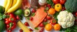© natakot - A vibrant display of fresh fruits, vegetables, and salmon showcases a healthy lifestyle. The arrangement features bright red strawberries, ripe avocados, and a variety of colorful produce, inviting