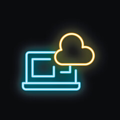 Wall Mural - neon glowing icon of a laptop connecting to a cloud computing system, representing cloud storage and