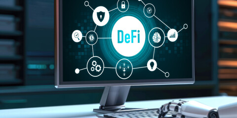 decentralized finance or defi concept on brisk computer screen . the defi system give new choice of 