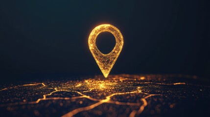 Wall Mural - Glowing golden location pin on dark map.