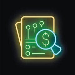 Poster - Neon sign of a magnifying glass inspecting a financial report, symbolizing financial analysis and investment opportunities