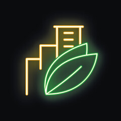 Canvas Print - Neon sign depicting buildings with leaves, symbolizing the concept of eco friendly urban living and environmental consciousness