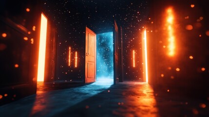 Wall Mural - open door is emanating a bright blue light, leading to another dimension, surrounded by other closed