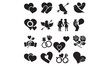 © zagrapic540 - A collection of black and white romantic icons featuring hearts, lovebirds, roses, rings, and couples for love themes.