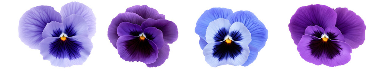 Wall Mural - Set of 4 purple and blue pansy flowers isolated on white background PNG.AI GENERATED