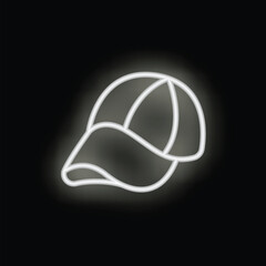 Wall Mural - White neon sign shaped like a baseball cap glowing on black background