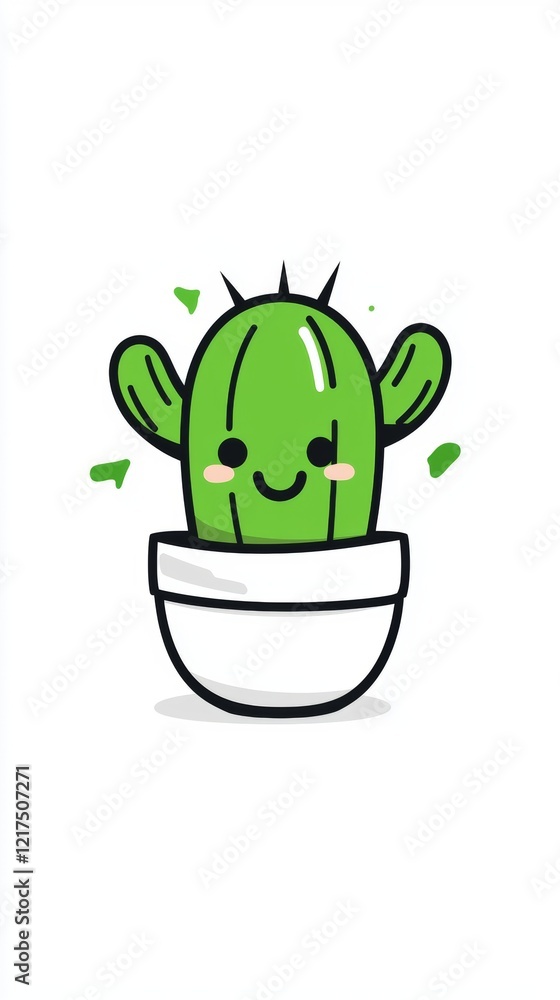 Cartoon illustration of a happy cactus plant growing in a white pot ...