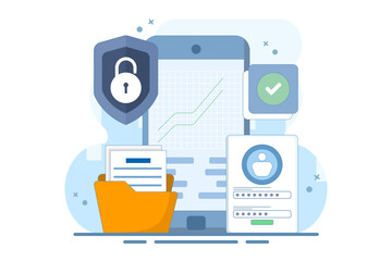 mobile device security concept with password. flat developer prepares security system to protect use